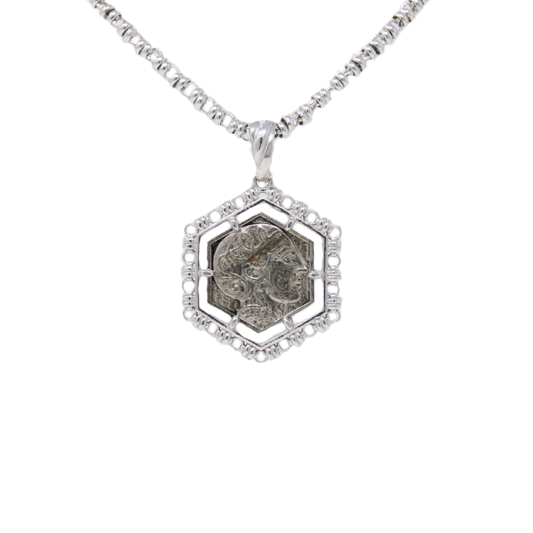 Hexagon Filary Pendant in Silver with Antique Silver Owl Tile