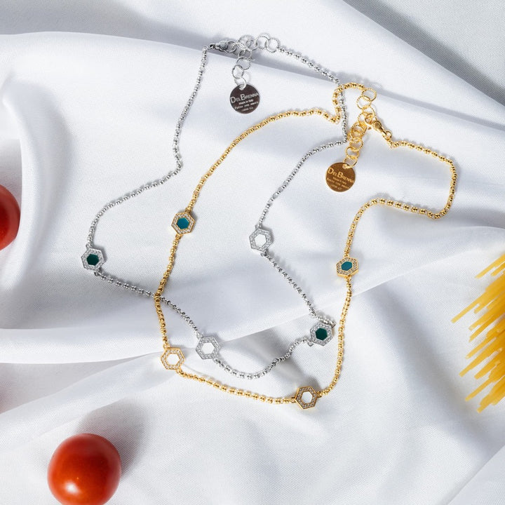 Deco Statement Necklace in Silver With Green, White & Pavé