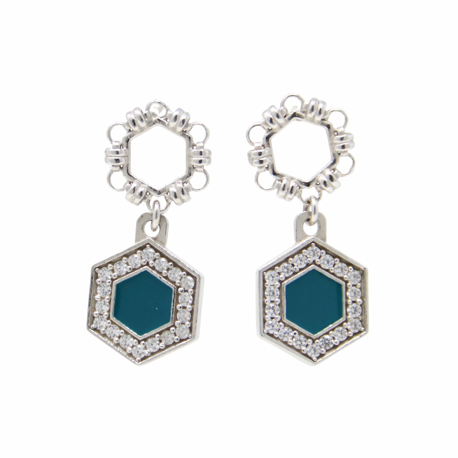 Deco Statement Earrings in Silver With Green & Pavé