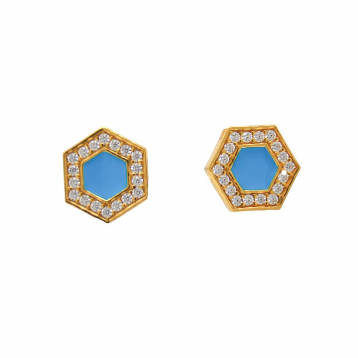 Deco Stud Earrings in Gold With Turquoise & Pavé