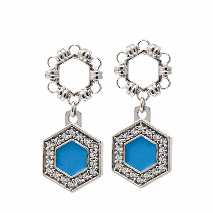 Deco Statement Earrings in Silver With Turquoise & Pavé