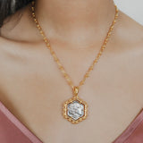 Hexagon Filary Pendant in Gold with Antique Silver Owl Tile