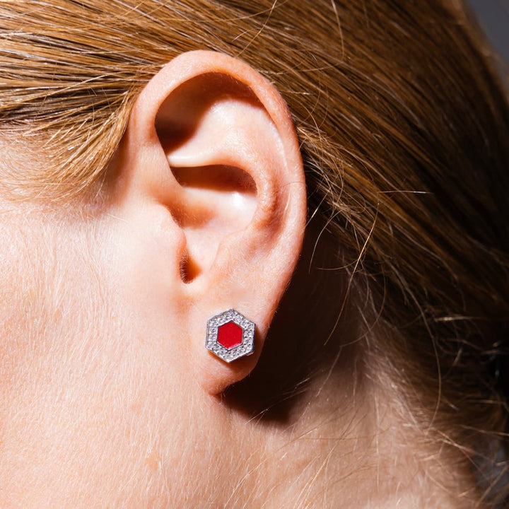 Deco Stud Earrings in Silver With Red & Pavé