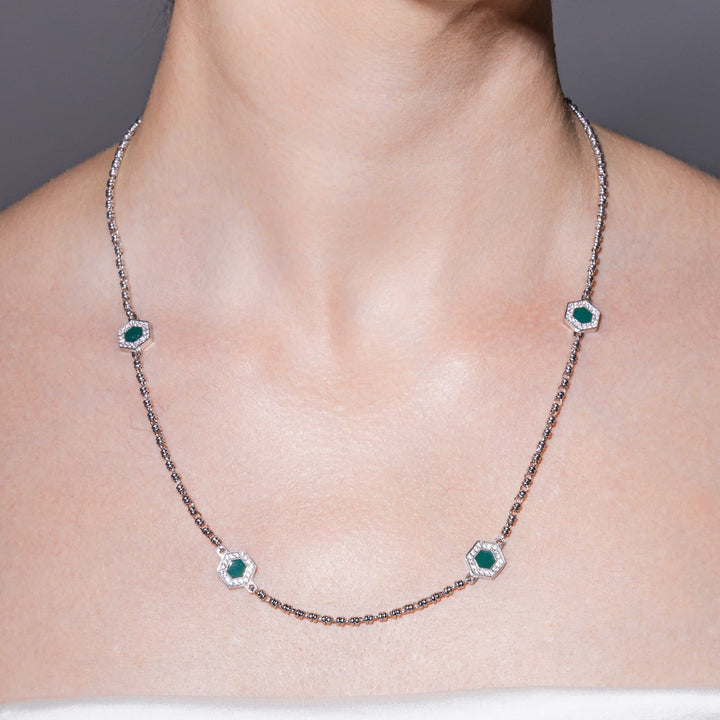 Deco Statement Necklace in Silver With Green, White & Pavé