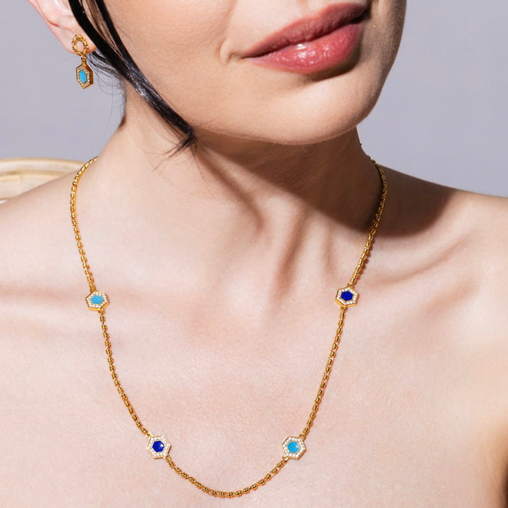 Deco Statement Necklace in Gold With Blue, Turquoise & Pavé
