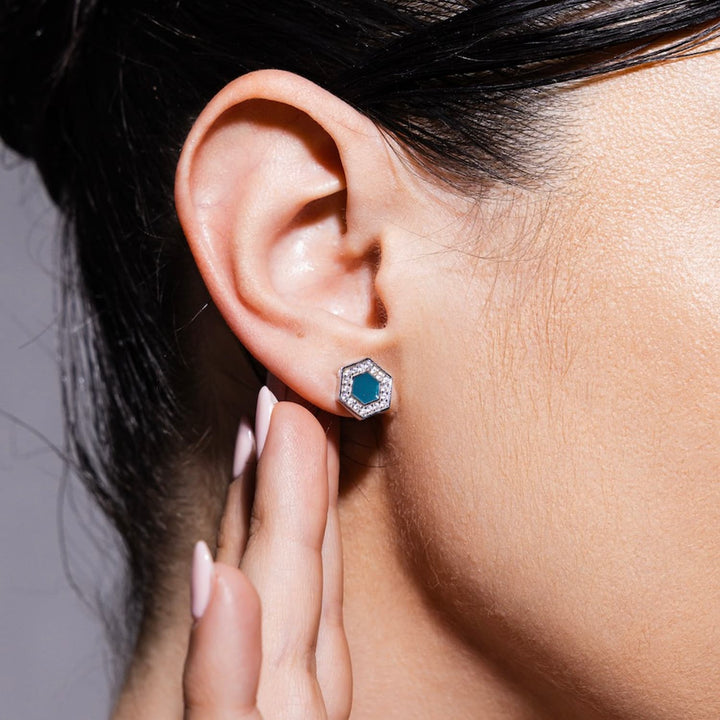 Deco Stud Earrings in Silver With Green & Pavé