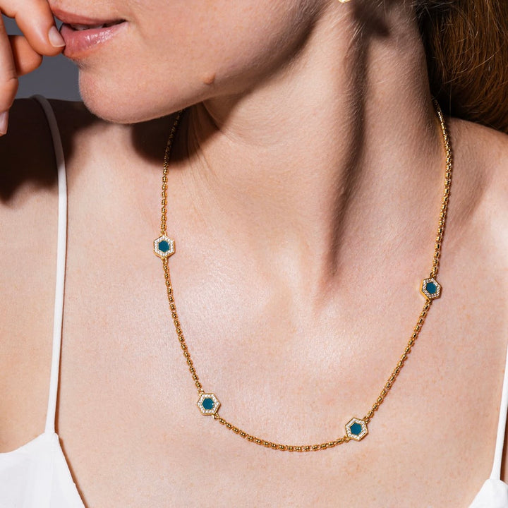 Deco Statement Necklace in Gold With Green, White & Pavé