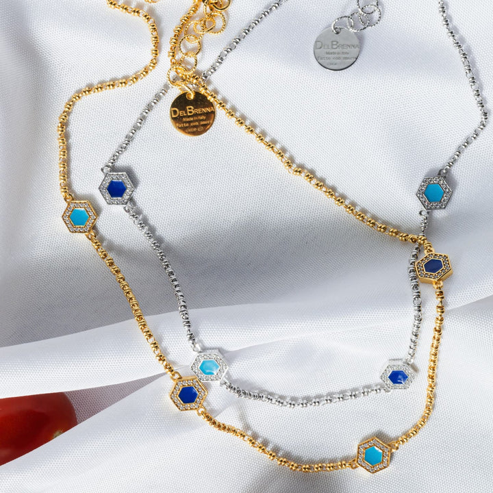 Deco Statement Necklace in Gold With Blue, Turquoise & Pavé
