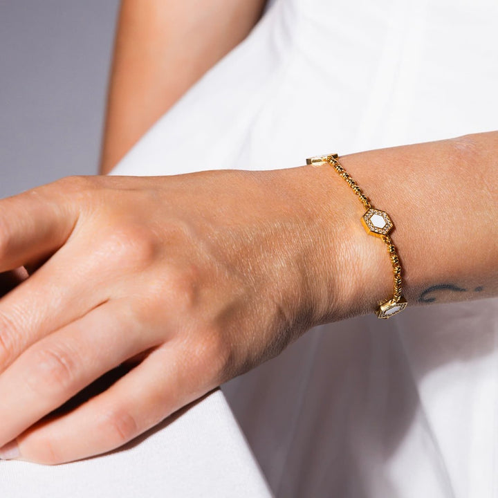 Deco Statement Bracelet in Gold With Green, White & Pavé