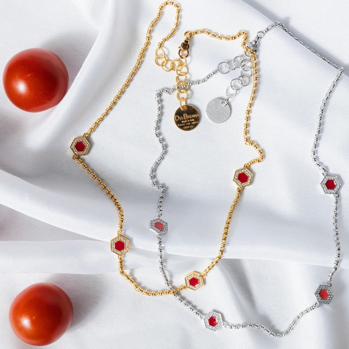 Deco Statement Necklace in Silver With Red, Coral & Pavé