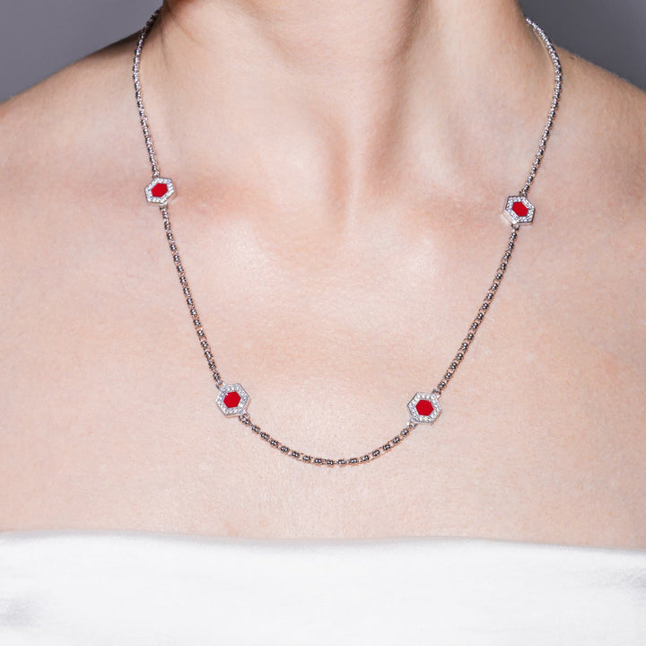 Deco Statement Necklace in Silver With Red, Coral & Pavé