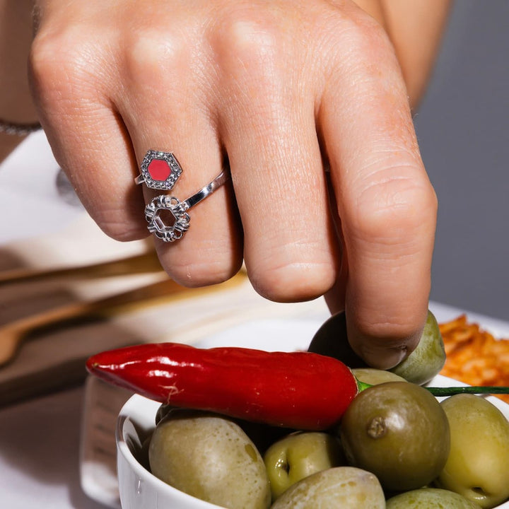 Deco Statement Ring in Silver With Coral & Pavé