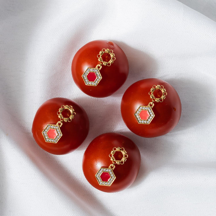Deco Statement Earrings in Gold With Coral & Pavé