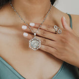 Hexagon Filary Pendant in Silver with Antique Silver Owl Tile