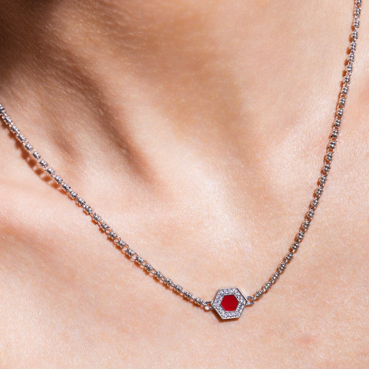 Deco Necklace in Silver With Red, Coral & Pavé