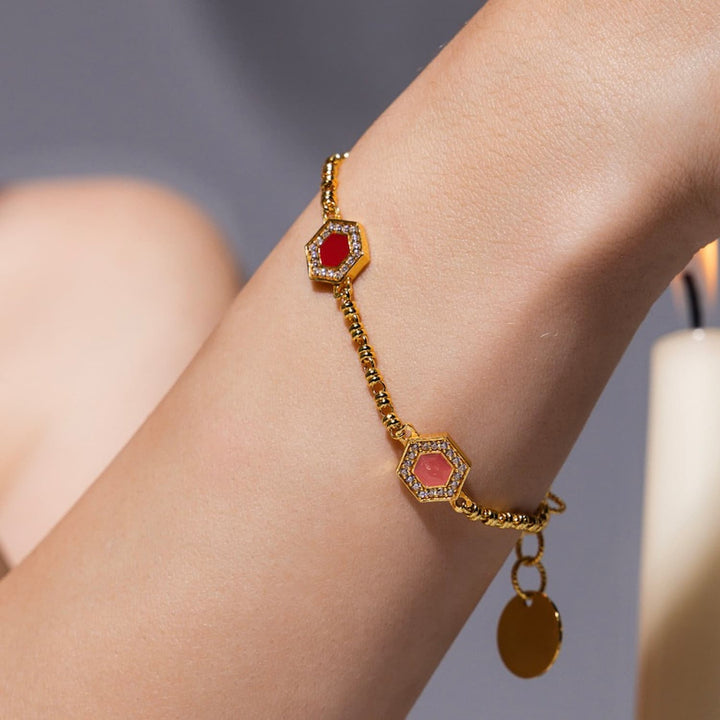 Deco Statement Bracelet in Gold With Red, Coral & Pavé