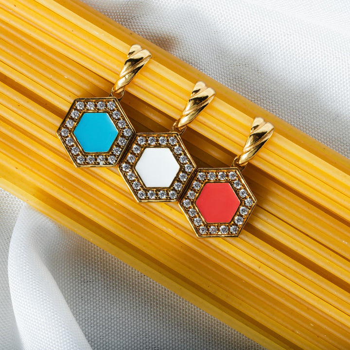 Deco Pendant in Gold With Red, Coral & Pavé