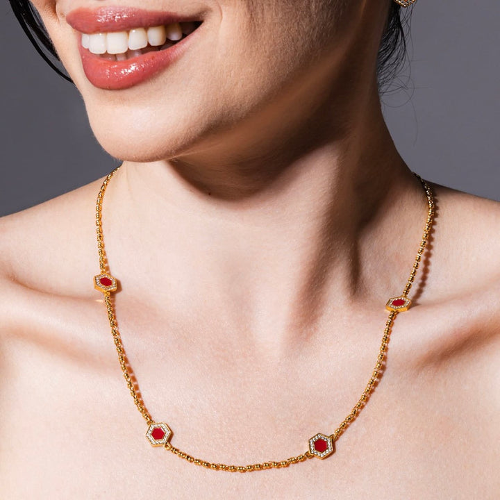 Deco Statement Necklace in Gold With Red, Coral & Pavé
