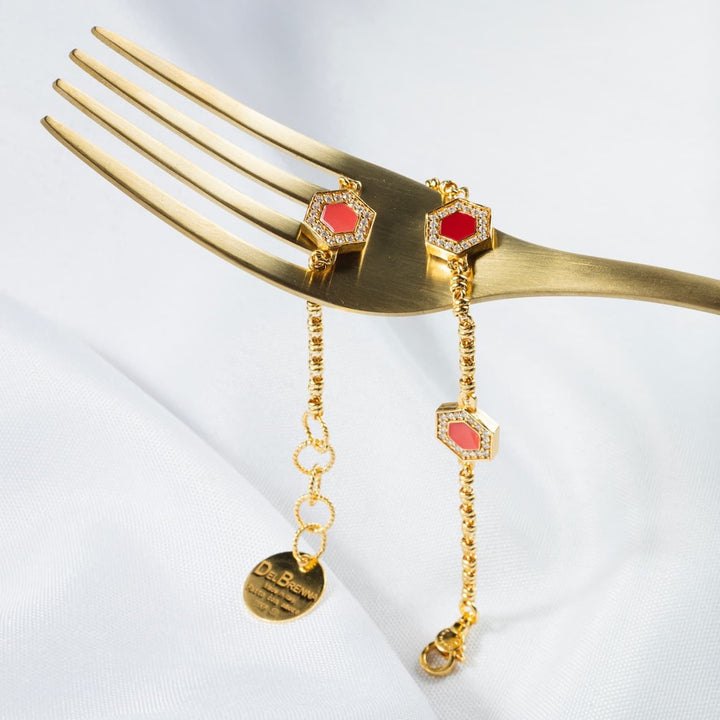 Deco Statement Bracelet in Gold With Red, Coral & Pavé