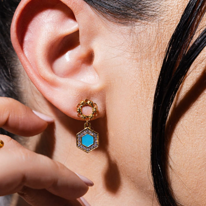 Deco Statement Earrings in Gold With Turquoise & Pavé