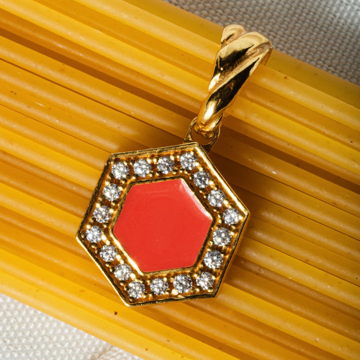 Deco Pendant in Gold With Red, Coral & Pavé