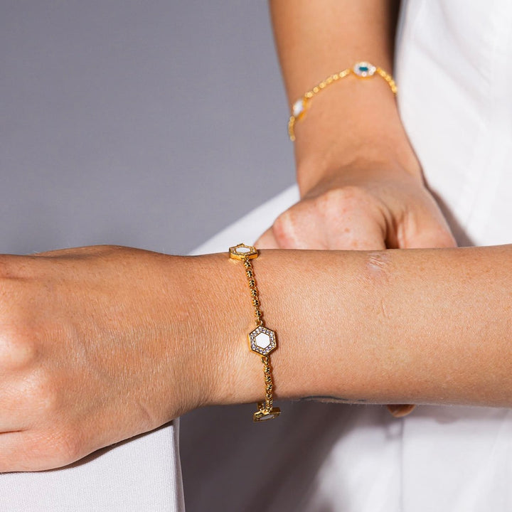 Deco Statement Bracelet in Gold With Green, White & Pavé