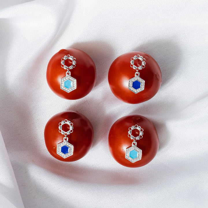 Deco Statement Earrings in Silver With Blue & Pavé