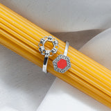 Deco Statement Ring in Silver With Coral & Pavé