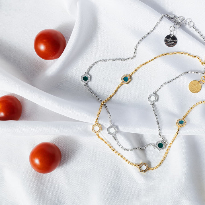 Deco Statement Necklace in Gold With Green, White & Pavé