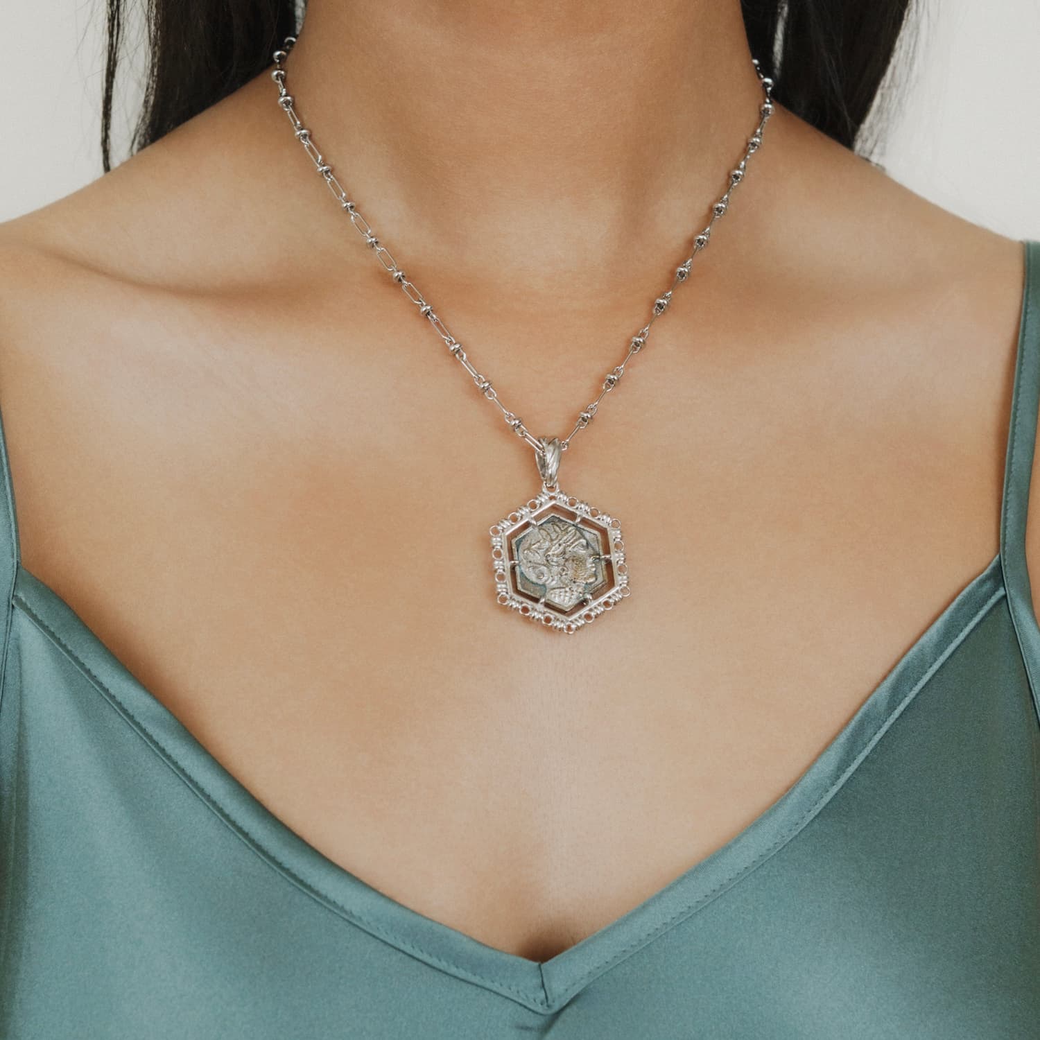 Hexagon Filary Pendant in Silver with Antique Silver Owl Tile