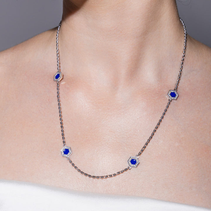 Deco Statement Necklace in Silver With Blue, Turquoise & Pavé