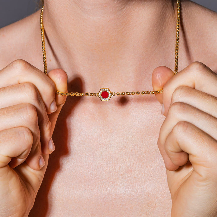 Deco Necklace in Gold With Red, Coral & Pavé