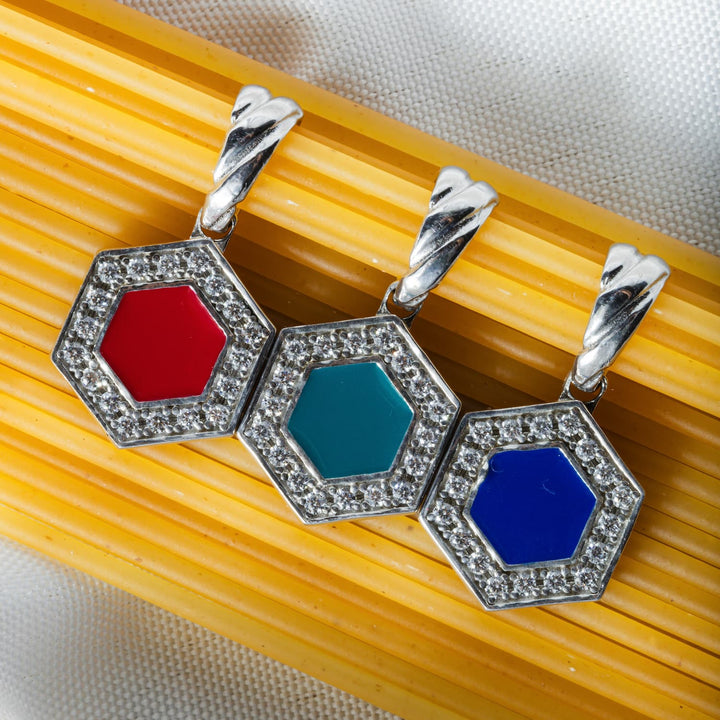 Deco Pendant in Silver With Red, Coral & Pavé