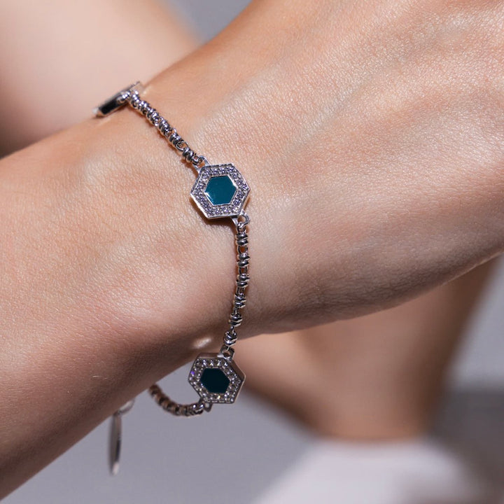 Deco Statement Bracelet in Silver With Green, White & Pavé