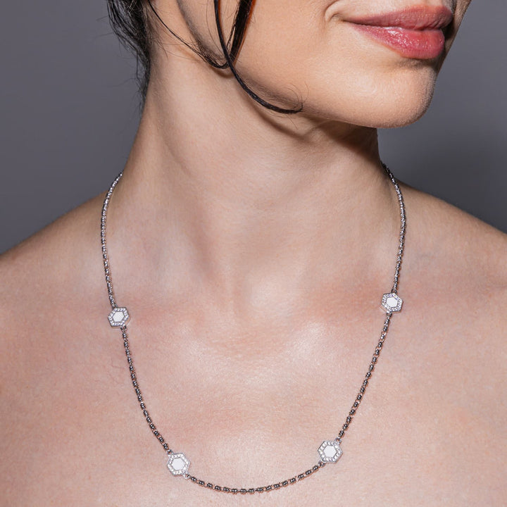 Deco Statement Necklace in Silver With Green, White & Pavé