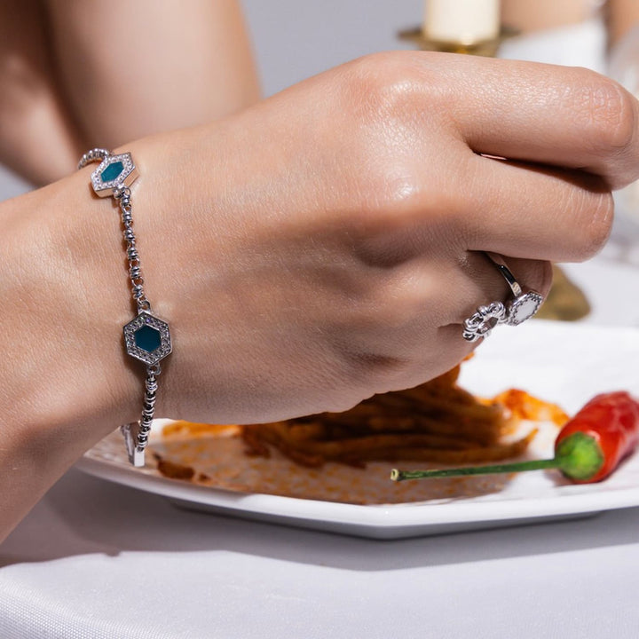 Deco Statement Bracelet in Silver With Green, White & Pavé