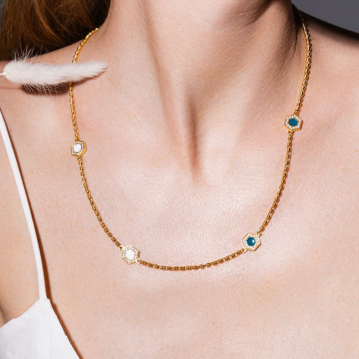 Deco Statement Necklace in Gold With Green, White & Pavé