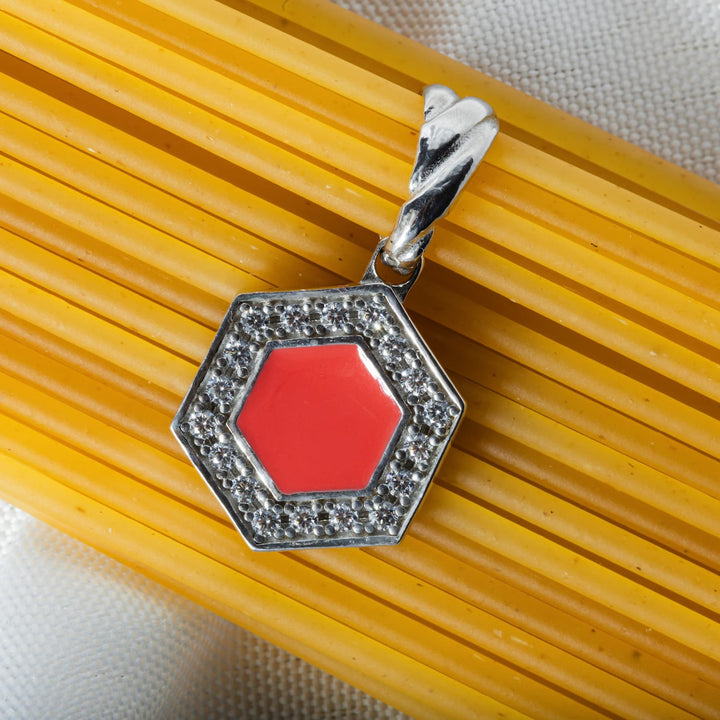 Deco Pendant in Silver With Red, Coral & Pavé