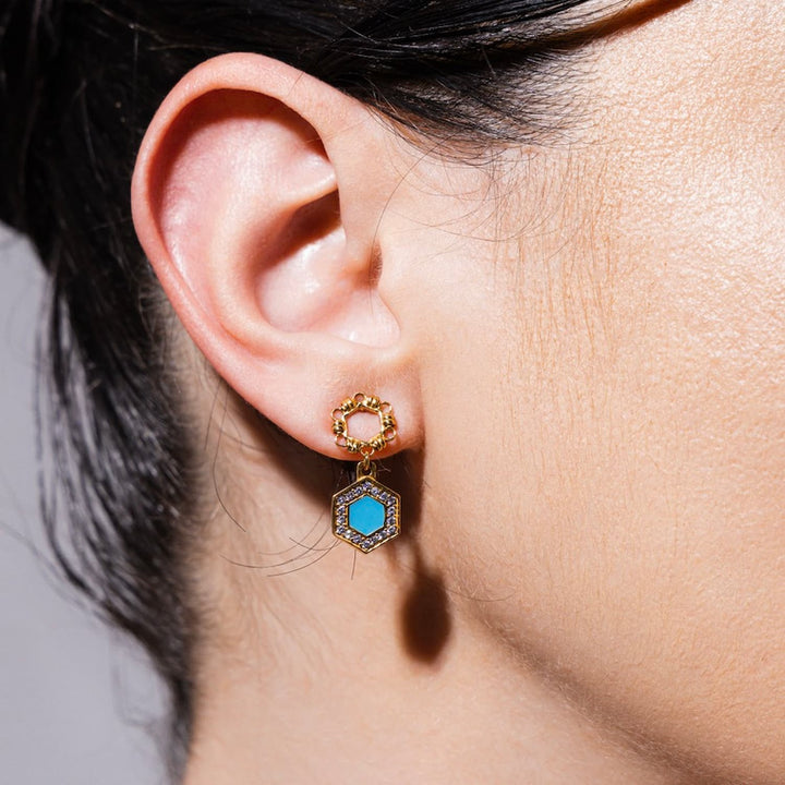 Deco Statement Earrings in Gold With Turquoise & Pavé