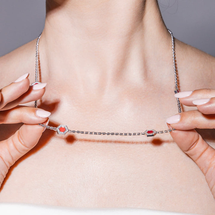 Deco Statement Necklace in Silver With Red, Coral & Pavé