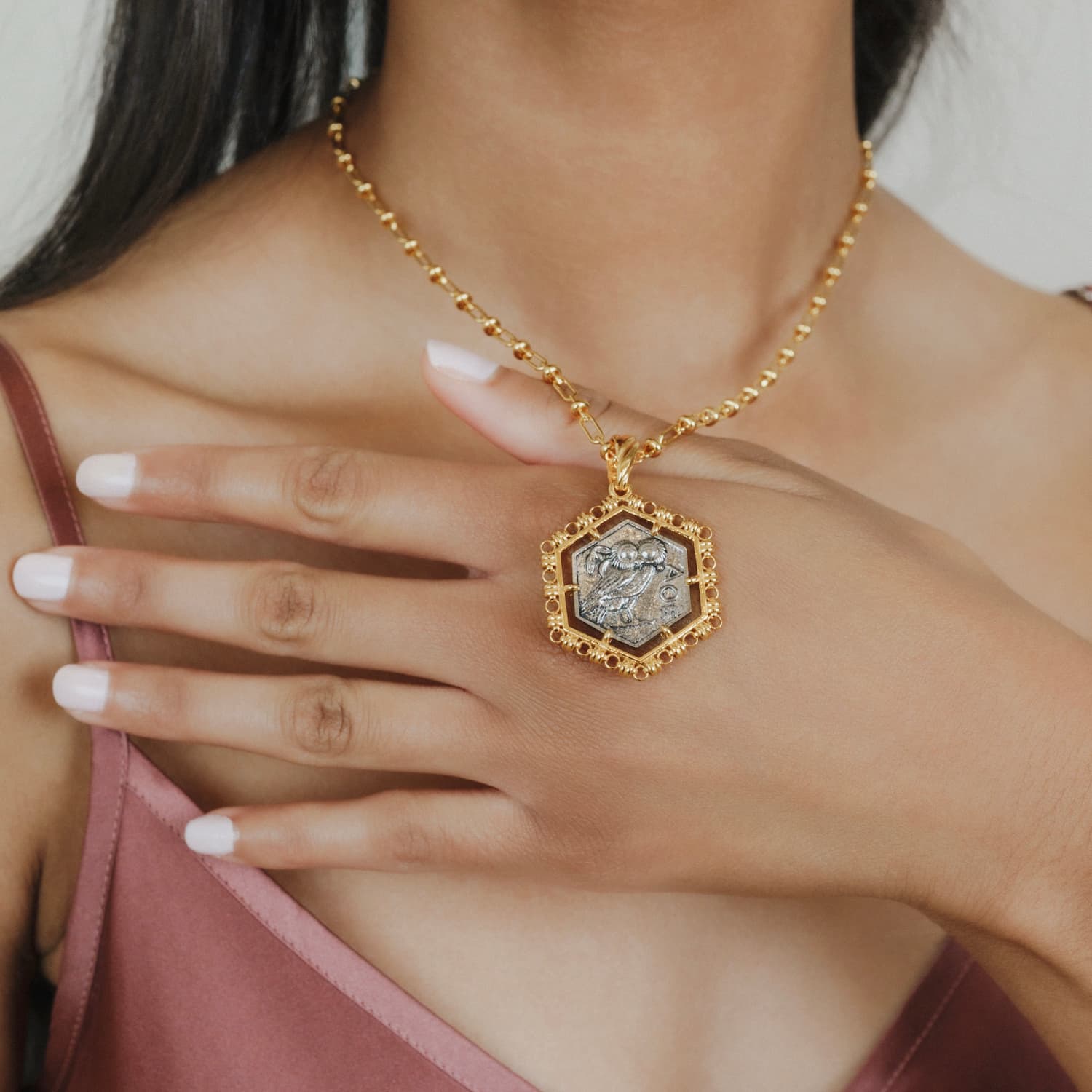 Hexagon Filary Pendant in Gold with Antique Silver Owl Tile