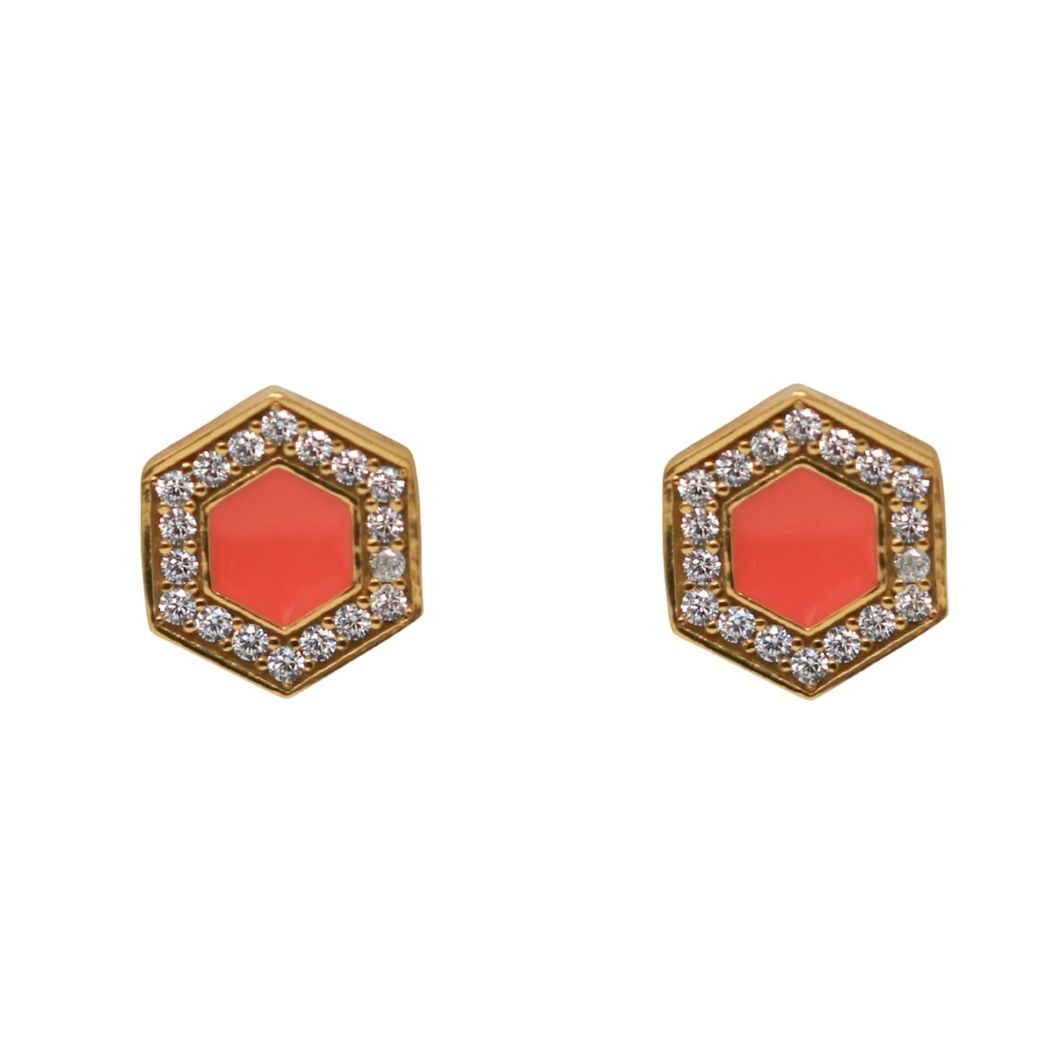 Deco Stud Earrings in Gold With Coral & Pavé