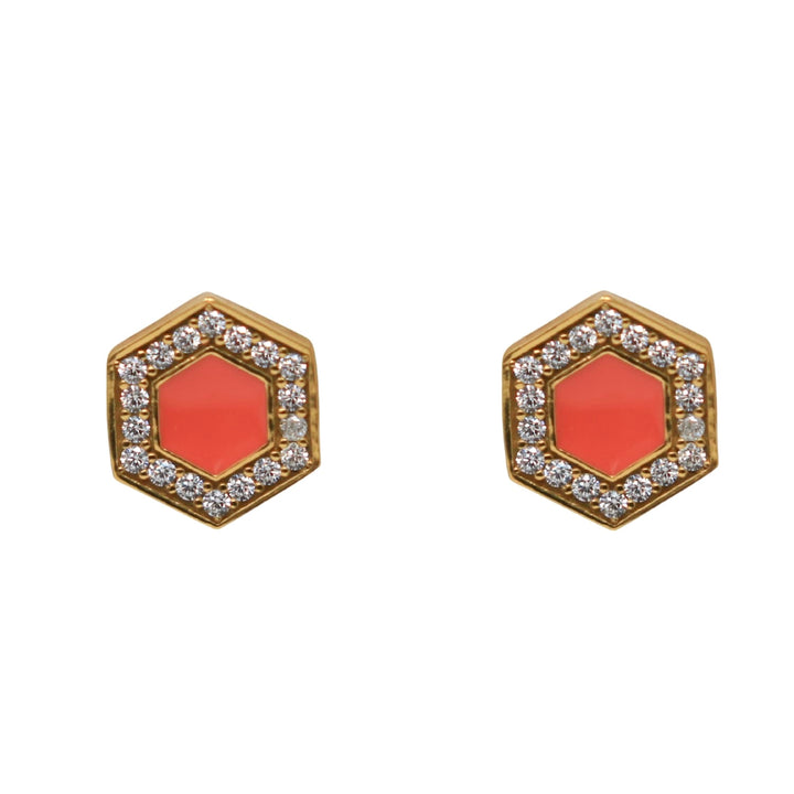 Deco Stud Earrings in Gold With Coral & Pavé