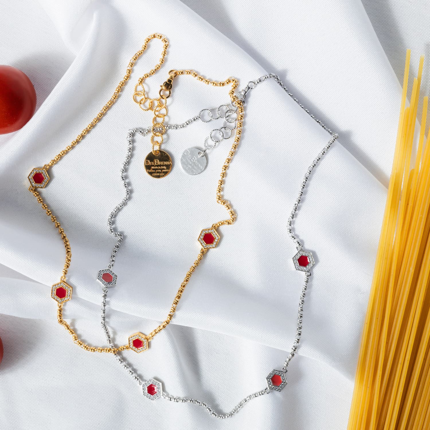 Deco Statement Necklace in Gold With Red, Coral & Pavé