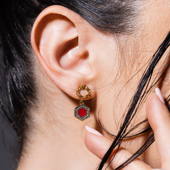 Deco Statement Earrings in Gold With Red & Pavé