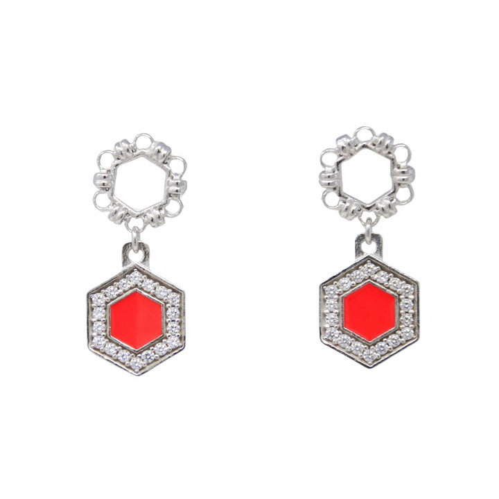 Deco Statement Earrings in Silver With Coral & Pavé