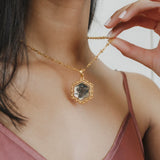 Hexagon Filary Pendant in Gold with Antique Bronze Grape Tile