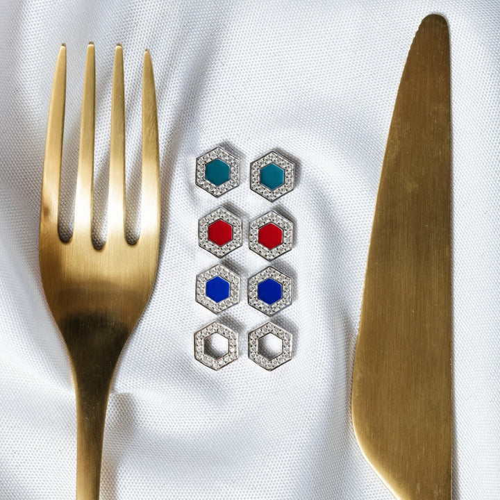 Deco Stud Earrings in Silver With Red & Pavé