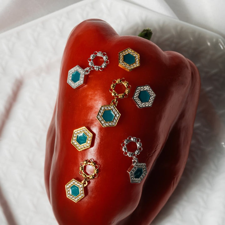 Deco Statement Earrings in Gold With Green & Pavé