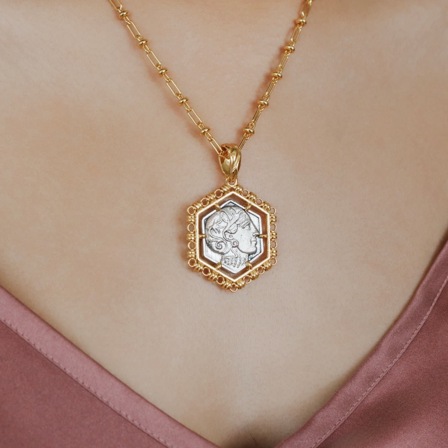 Hexagon Filary Pendant in Gold with Antique Silver Owl Tile